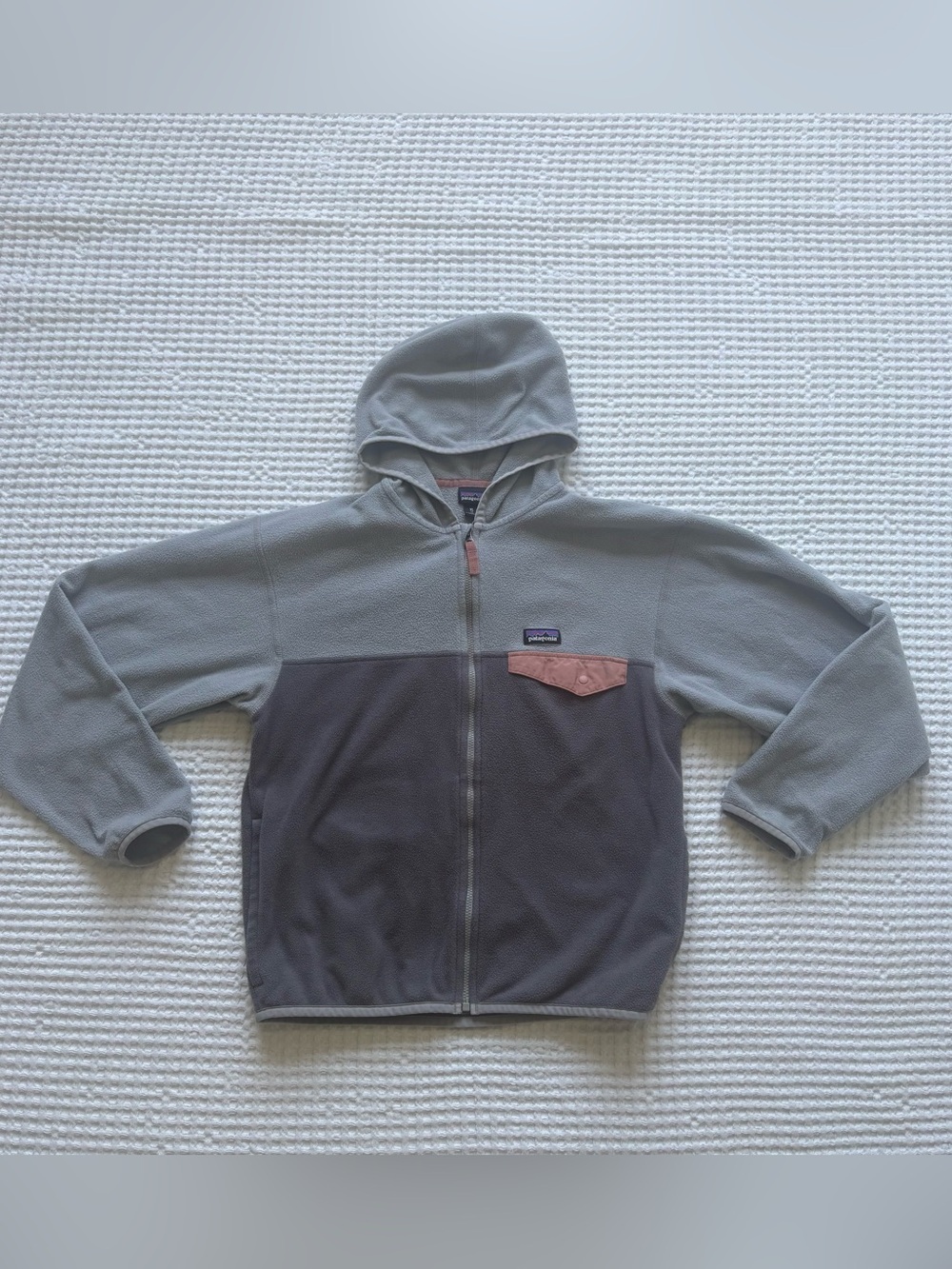Patagonia Kids Micro D Snap-T Fleece Full Zip Hooded Jacket Gray Pink XL (14)